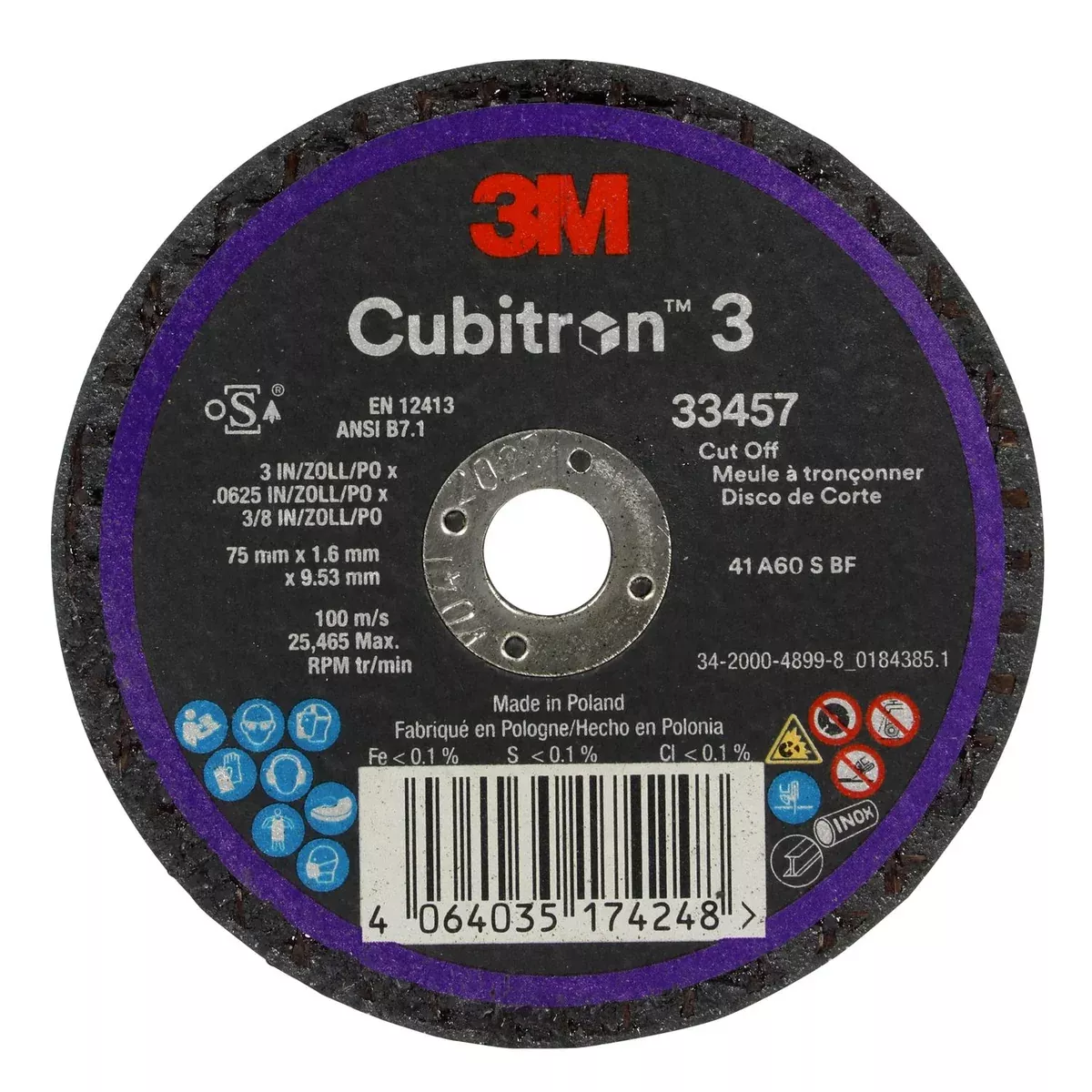 3M Cubitron 3 Cut-Off Wheel 33457, 75 mm x 1.6 mm x 9.53 mm (3″ x .0625″ x 3/8 i