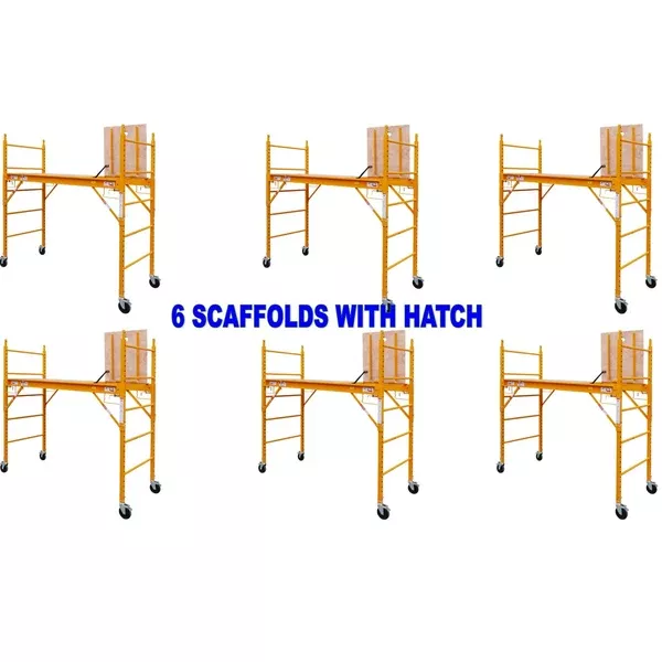 6 Complete Scaffold Rolling Towers 29″W X 6’H Deck aka Perry Baker Scaffolding