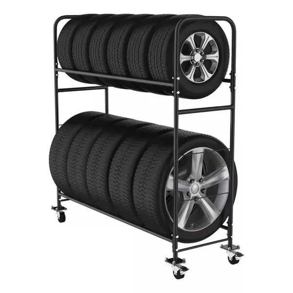 AA 12 Tires Two-Tier Tire Rack w/ Caster Wheels + Cover, Adj. Height