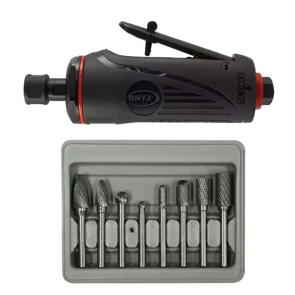 Astro Pneumatic 2181B - ONYX 2 Pc. Die Grinder Kit with 1/4" Medium Die Grinder & 8 Pc. Double Cut Carbide Rotary Burr Set