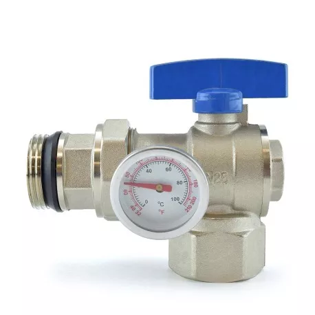 Manifold Angle Ball Valve w/ Temperature Gauge (blue handle)