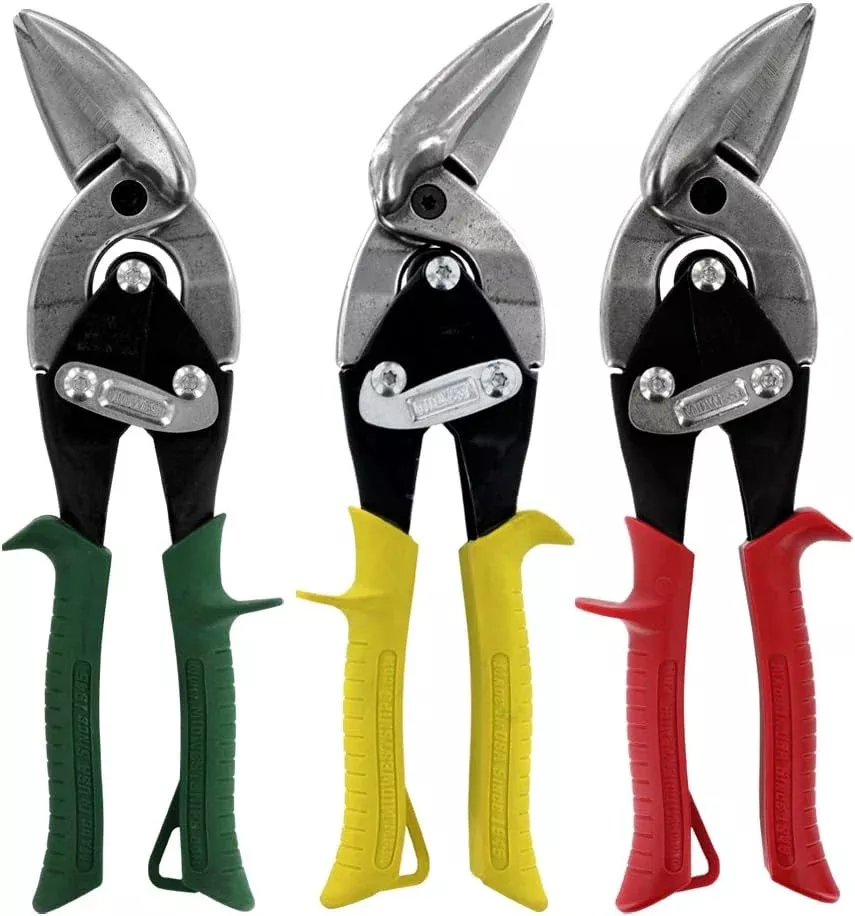 Midwest MWT-6510RLS 3-piece Offset Aviation Snip Set. Left, Right and Straight Cut Offset Tin Cutting Shears with Forged Blade & KUSH’N-POWER Comfort Grips. Made in USA