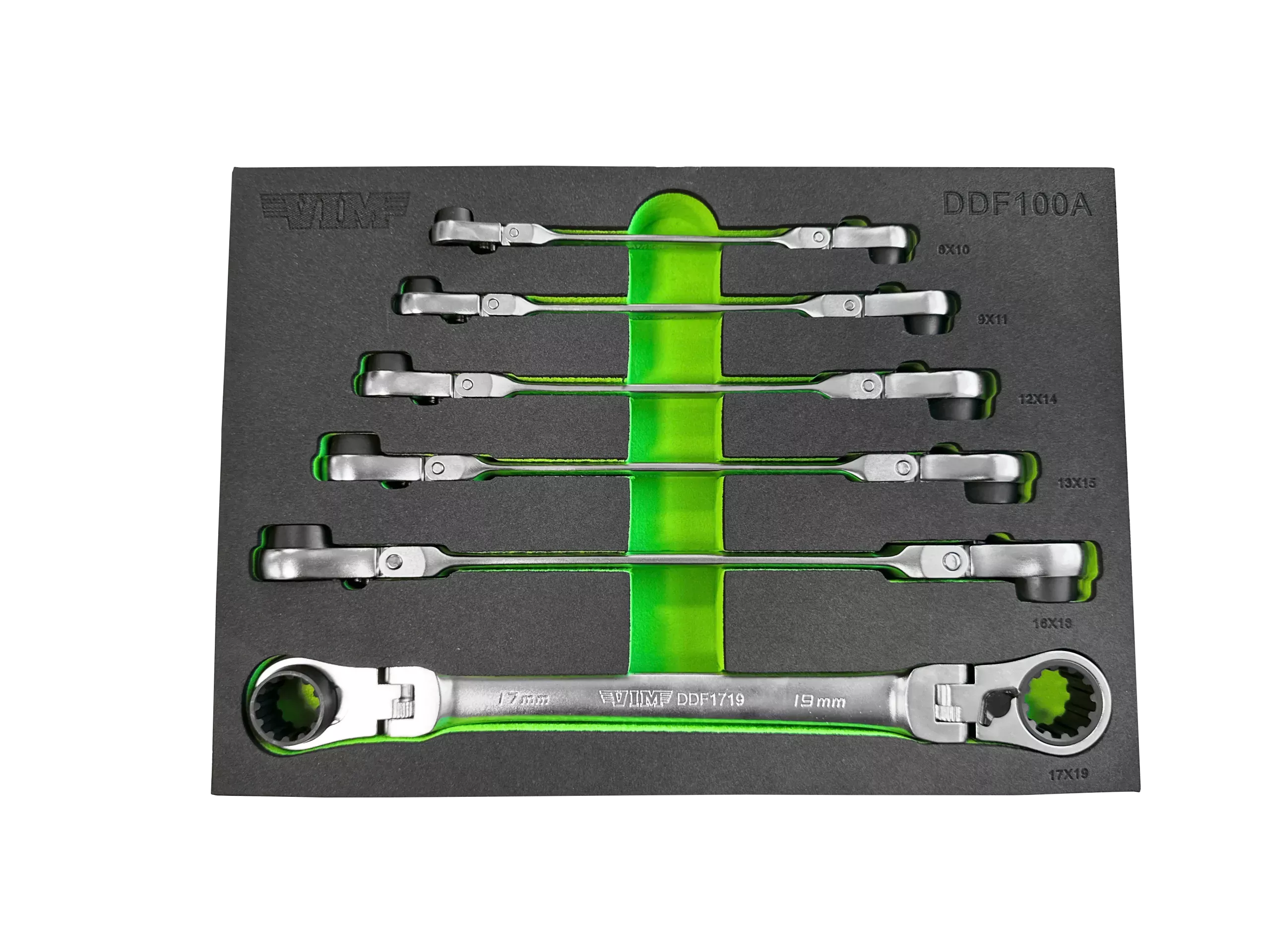 VIM Tools DDF100A 6-Piece Double Deep Spline Flex Head Ratcheting Wrench Set - Metric, Includes: 8mm - 19mm